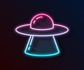 Glowing neon line UFO flying spaceship icon isolated on black background. Flying saucer. Alien space ship. Futuristic Royalty Free Stock Photo