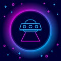 Glowing neon line UFO flying spaceship icon isolated on black background. Flying saucer. Alien space ship. Futuristic Royalty Free Stock Photo