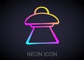 Glowing neon line UFO flying spaceship icon isolated on black background. Flying saucer. Alien space ship. Futuristic Royalty Free Stock Photo