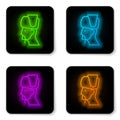 Glowing neon line Ukrainian cossack icon isolated on white background. Black square button. Vector