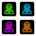 Glowing neon line Ukrainian cossack icon isolated on white background. Black square button. Vector