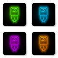 Glowing neon line Ukrainian cossack icon isolated on white background. Black square button. Vector