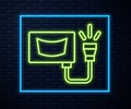 Glowing neon line Ultrasound icon isolated on brick wall background. Medical equipment. Vector