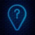 Glowing neon line Unknown route point icon isolated on brick wall background. Navigation, pointer, location, map, gps