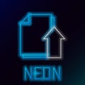 Glowing neon line Upload file document icon isolated on black background. Document arrow. Colorful outline concept