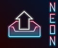 Glowing neon line Upload inbox icon isolated on black background. Colorful outline concept. Vector. Illustration