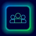 Glowing neon line Users group icon isolated on black background. Group of people icon. Business avatar symbol - users