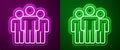 Glowing neon line Users group icon isolated on purple and green background. Group of people icon. Business avatar symbol