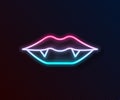 Glowing neon line Vampire teeth icon isolated on black background. Happy Halloween party. Vector