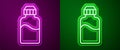 Glowing neon line Vape liquid bottle for electronic cigarettes icon isolated on purple and green background. Vector Royalty Free Stock Photo