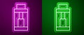 Glowing neon line Vape mod device icon isolated on purple and green background. Vape smoking tool. Vaporizer Device