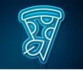 Glowing neon line Vegan pizza slice icon isolated on blue background. Vector