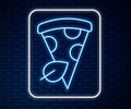 Glowing neon line Vegan pizza slice icon isolated on brick wall background. Vector