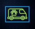 Glowing neon line Veterinary ambulance icon isolated on brick wall background. Veterinary clinic symbol. Vector