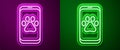 Glowing neon line Veterinary clinic symbol icon isolated on purple and green background. Cross hospital sign. A stylized Royalty Free Stock Photo