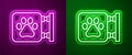 Glowing neon line Veterinary clinic symbol icon isolated on purple and green background. Cross hospital sign. A stylized Royalty Free Stock Photo