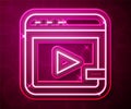 Glowing neon line Video advertising icon isolated on red background. Concept of marketing and promotion process Royalty Free Stock Photo