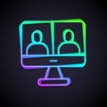 Glowing neon line Video chat conference icon isolated on black background. Computer with video chat interface active Royalty Free Stock Photo