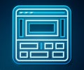 Glowing neon line Video recorder or editor software on laptop icon isolated on blue background. Video editing on a Royalty Free Stock Photo