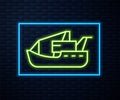 Glowing neon line Viking head icon isolated on brick wall background. Vector Royalty Free Stock Photo