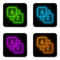 Glowing neon line Vocabulary icon isolated on white background. Black square button. Vector