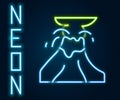 Glowing neon line Volcano eruption with lava icon isolated on black background. Colorful outline concept. Vector