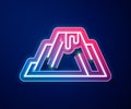 Glowing neon line Volcano eruption with lava icon isolated on blue background. Vector