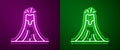 Glowing neon line Volcano eruption with lava icon isolated on purple and green background. Vector