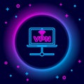 Glowing neon line VPN Computer network icon isolated on black background. Laptop network. Internet connection. Colorful Royalty Free Stock Photo