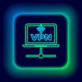 Glowing neon line VPN Computer network icon isolated on black background. Laptop network. Internet connection. Colorful Royalty Free Stock Photo