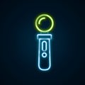 Glowing neon line VR controller game icon isolated on black background. Virtual reality experience, sensation of