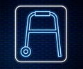Glowing neon line Walker for disabled person icon isolated on brick wall background. Vector
