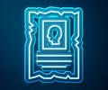 Glowing neon line Wanted western poster icon isolated on blue background. Reward money. Dead or alive crime outlaw Royalty Free Stock Photo