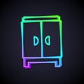 Glowing neon line Wardrobe icon isolated on black background. Cupboard sign. Vector