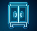 Glowing neon line Wardrobe icon isolated on blue background. Cupboard sign. Vector