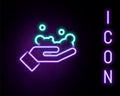 Glowing neon line Washing hands with soap icon isolated on black background. Washing hands with soap to prevent virus Royalty Free Stock Photo