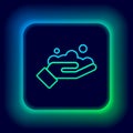 Glowing neon line Washing hands with soap icon isolated on black background. Washing hands with soap to prevent virus Royalty Free Stock Photo