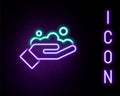 Glowing neon line Washing hands with soap icon isolated on black background. Washing hands with soap to prevent virus Royalty Free Stock Photo