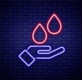 Glowing neon line Washing hands with soap icon isolated on brick wall background. Washing hands with soap to prevent Royalty Free Stock Photo