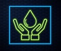 Glowing neon line Washing hands with soap icon isolated on brick wall background. Washing hands with soap to prevent Royalty Free Stock Photo