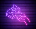 Glowing neon line Washing hands with soap icon isolated on brick wall background. Washing hands with soap to prevent virus and Royalty Free Stock Photo