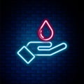 Glowing neon line Washing hands with soap icon isolated on brick wall background. Washing hands with soap to prevent Royalty Free Stock Photo