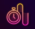Glowing neon line Watch with a chain icon isolated on black background. Vector