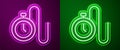 Glowing neon line Watch with a chain icon isolated on purple and green background. Vector