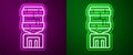 Glowing neon line Water cooler for office and home icon isolated on purple and green background. Water dispenser. Bottle