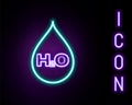 Glowing neon line Water drop with H2O icon isolated on black background. Water formula. Colorful outline concept. Vector