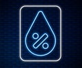 Glowing neon line Water drop percentage icon isolated on brick wall background. Humidity analysis. Vector Royalty Free Stock Photo
