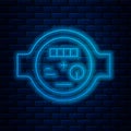 Glowing neon line Water meter icon isolated on brick wall background. Vector