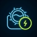 Glowing neon line Water mill icon isolated on black background. Water wheel energy. Hydro power turbine wheel. Colorful