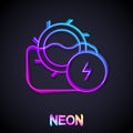 Glowing neon line Water mill icon isolated on black background. Water wheel energy. Hydro power turbine wheel. Vector